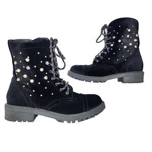 Whimsigoth Combat Boots Womens 8 Black Velvet Crystals Velour Chunky Glam Goth